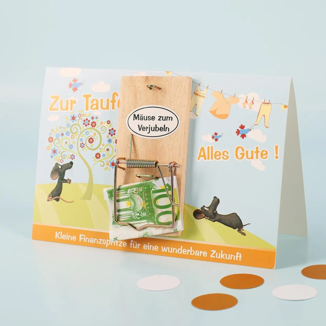 Geldgeschenk zur Taufe - Karte mit Mausefalle