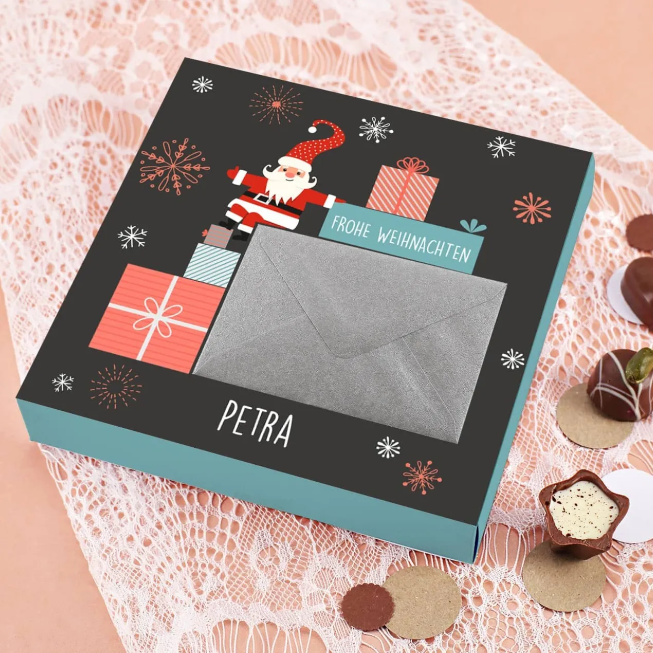 Geldgeschenk zu Weihnachten - Pralinen mit Geldumschlag, mit Name personalisiert