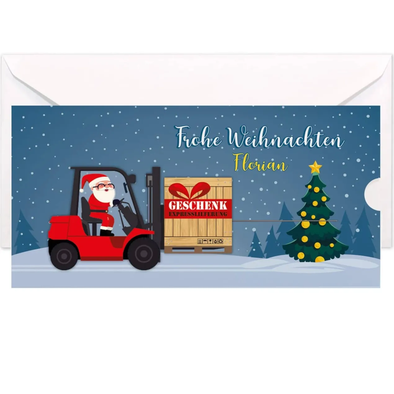 Geldgeschenk zu Weihnachten - Ziehkarte mit Gabelstapler & Wunschtext