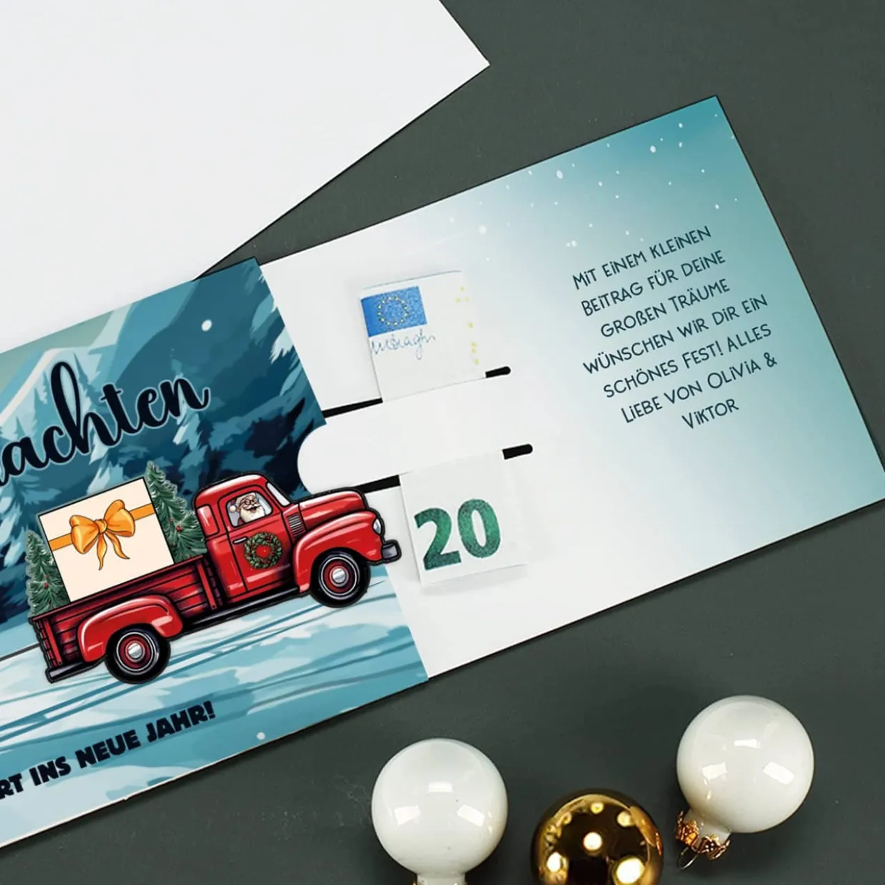 Geldgeschenk zu Weihnachten - Ziehkarte mit Pickup & Wunschtext