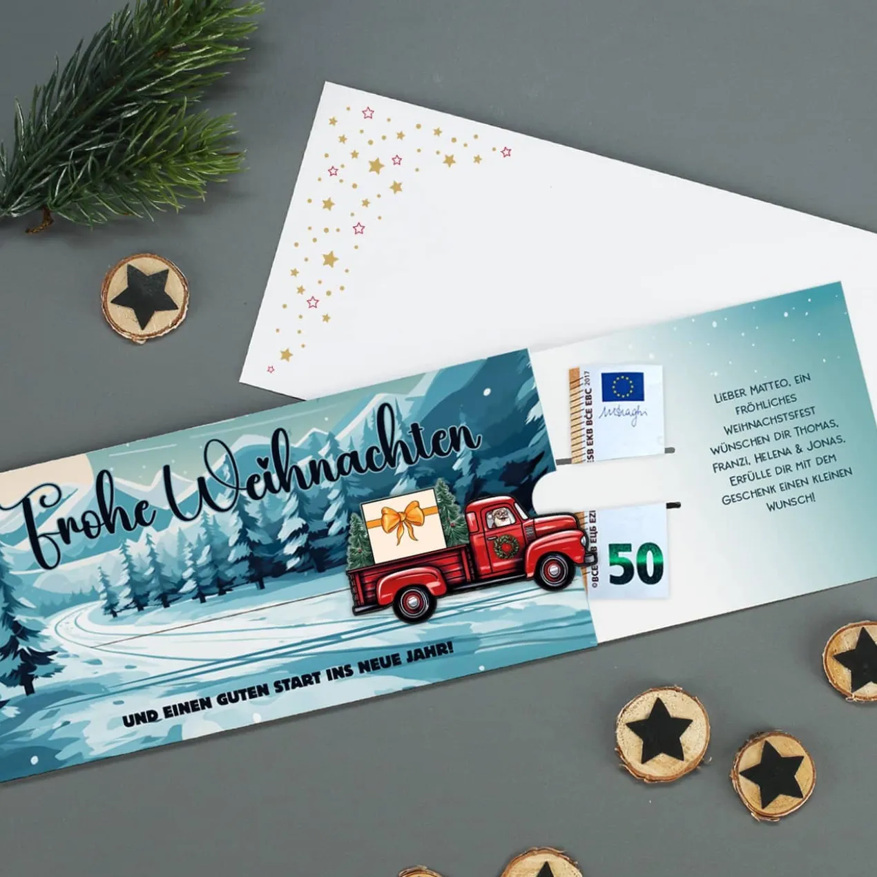Geldgeschenk zu Weihnachten - Ziehkarte mit Pickup & Wunschtext