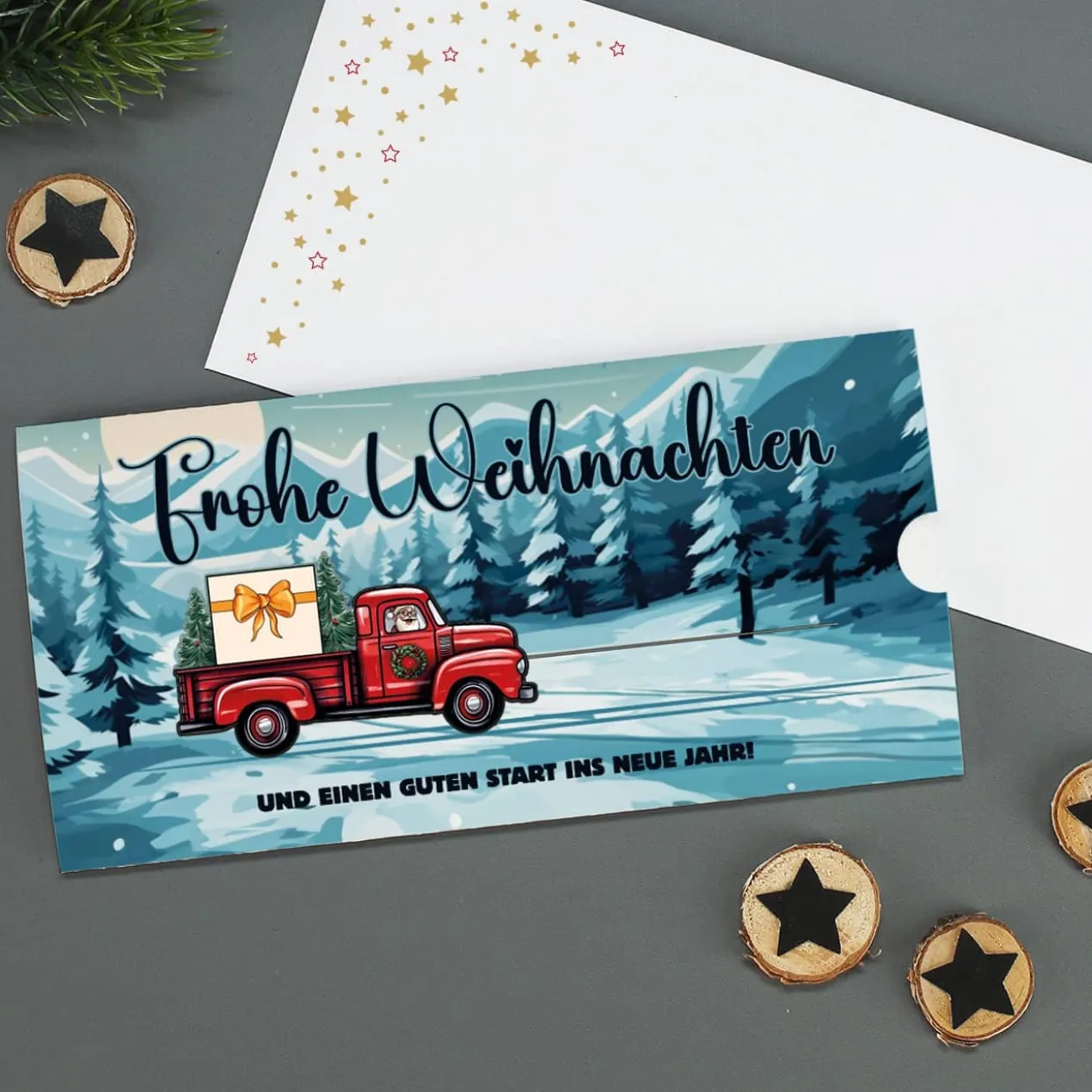 Geldgeschenk zu Weihnachten - Ziehkarte mit Pickup & Wunschtext