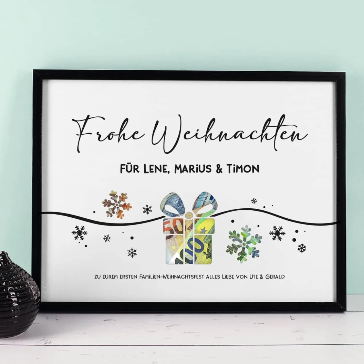 Geldgeschenk zu Weihnachten - Bilderrahmen mit 3 Zeilen Wunschtext, 30x40cm