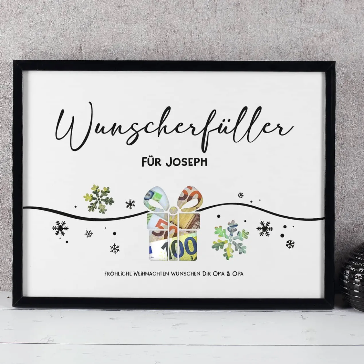Geldgeschenk zu Weihnachten - Bilderrahmen mit 3 Zeilen Wunschtext, 30x40cm