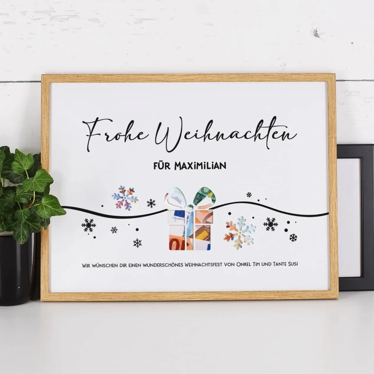 Geldgeschenk zu Weihnachten - Bilderrahmen mit 3 Zeilen Wunschtext, 30x40cm
