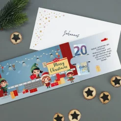 Geldgeschenk zu Weihnachten - Ziehkarte mit Wichtelwerkstatt & Wunschtext