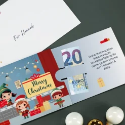Geldgeschenk zu Weihnachten - Ziehkarte mit Wichtelwerkstatt & Wunschtext