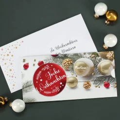 Geldgeschenk zu Weihnachten - Ziehkarte mit Weihnachtskugel in rot-metallic