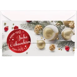 Geldgeschenk zu Weihnachten - Ziehkarte mit Weihnachtskugel in rot-metallic