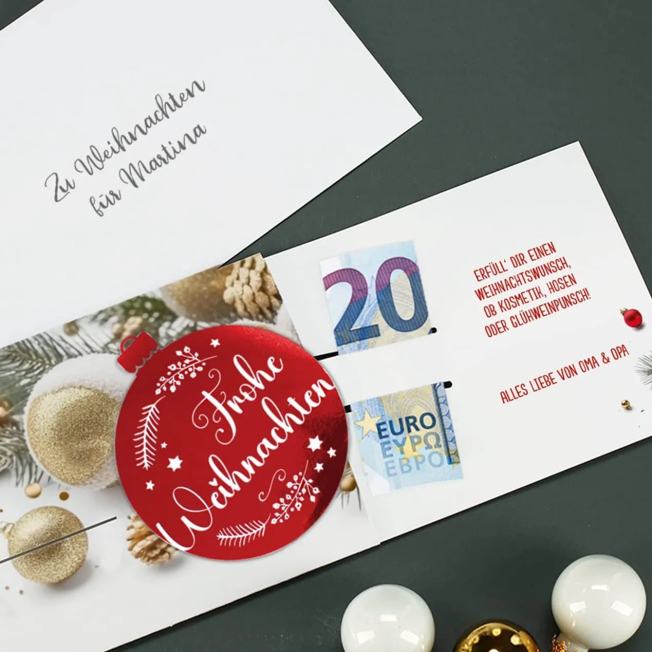 Geldgeschenk zu Weihnachten - Ziehkarte mit Weihnachtskugel in rot-metallic