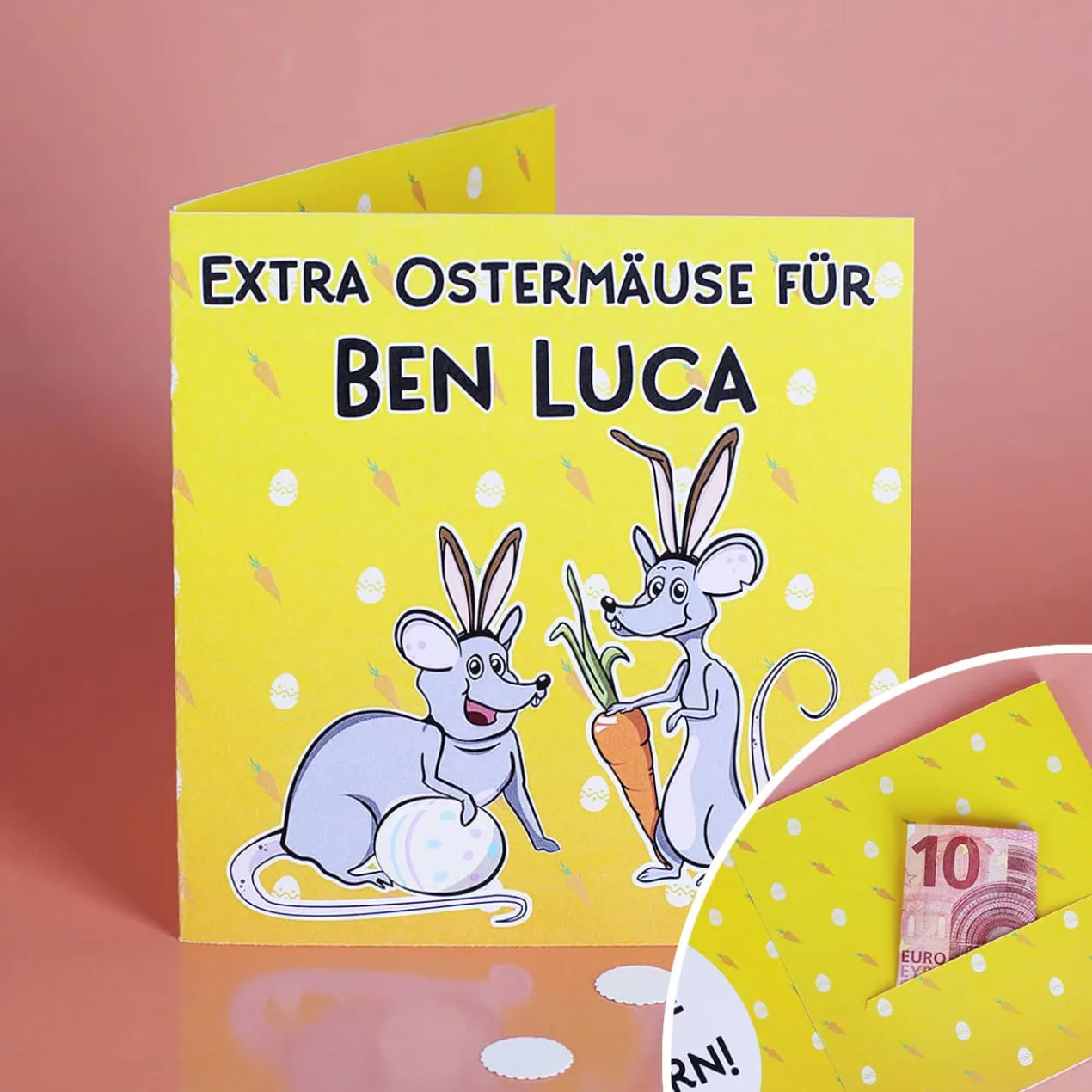 Geldkarte "Extra Ostermäuse" mit einem Namen Ihrer Wahl und Wunschtext im Inneren