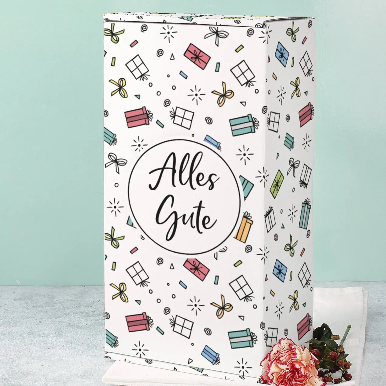 Geschenkbox 'Alles Gute' Groß | 35×10×19 cm | Geschenkverpackung mit bunten Motiven