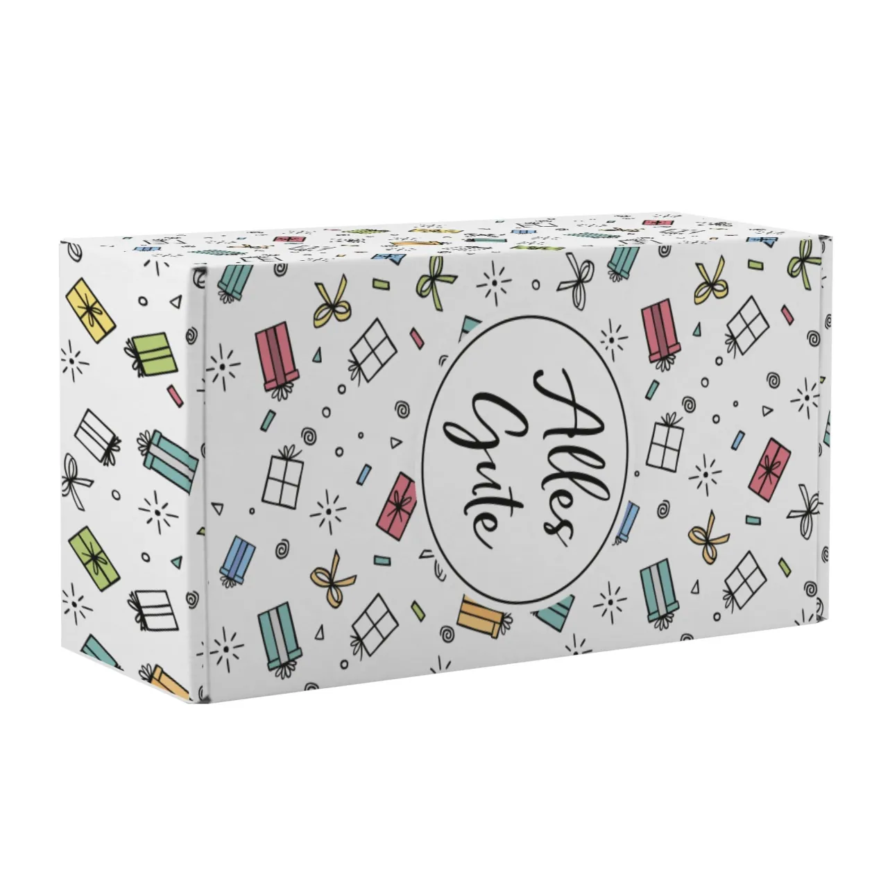 Geschenkbox 'Alles Gute' Groß | 35×10×19 cm | Geschenkverpackung mit bunten Motiven