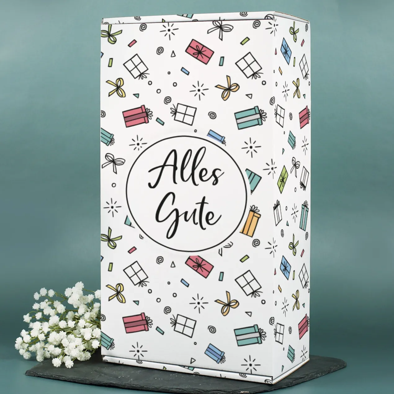 Geschenkbox 'Alles Gute' Groß | 35×10×19 cm | Geschenkverpackung mit bunten Motiven