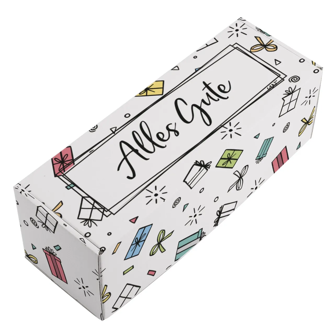 Geschenkbox 'Alles Gute' lang | 27×9,5×9,5 cm | Geschenkverpackung mit bunten Motiven
