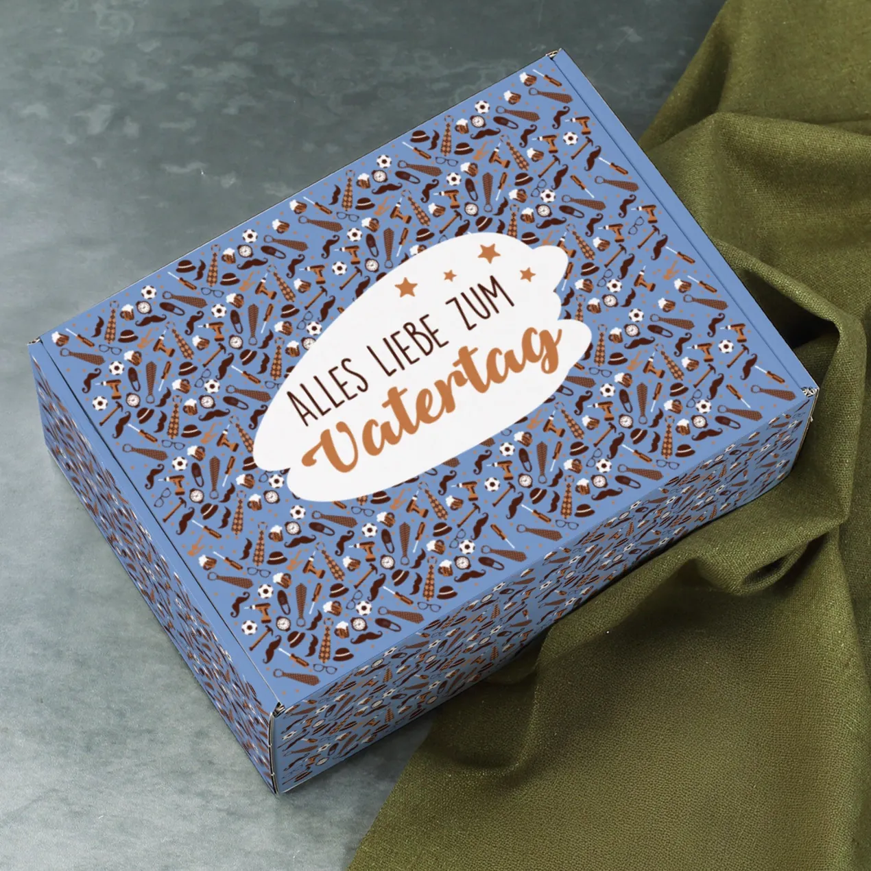 Geschenkbox 'Alles Liebe zum Vatertag' | Mittelgroß 21×8×15 cm | Blau mit Motiven
