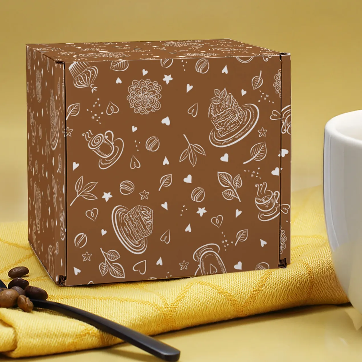 Geschenkbox aus Pappe mit Kaffee-Motiv | Braun