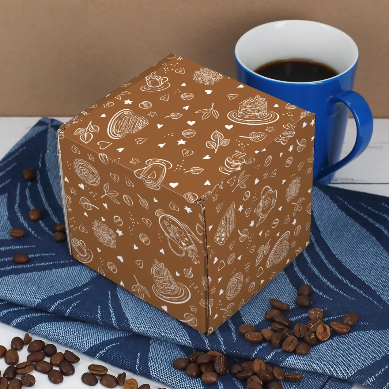 Geschenkbox aus Pappe mit Kaffee-Motiv | Braun