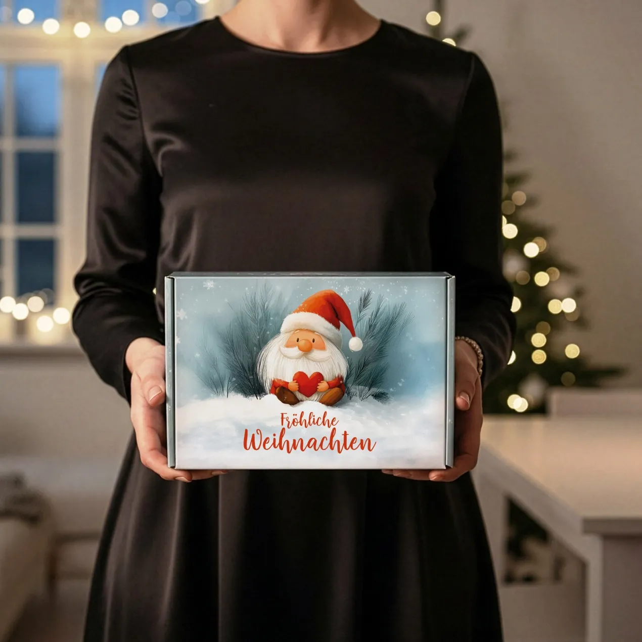 Geschenkbox 'Fröhliche Weihnachten' mit Wichtelmotiv | Mittelgroße Geschenkverpackung 21×8×15 cm