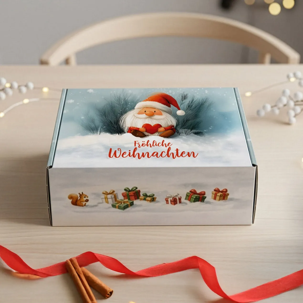 Geschenkbox 'Fröhliche Weihnachten' mit Wichtelmotiv | Mittelgroße Geschenkverpackung 21×8×15 cm