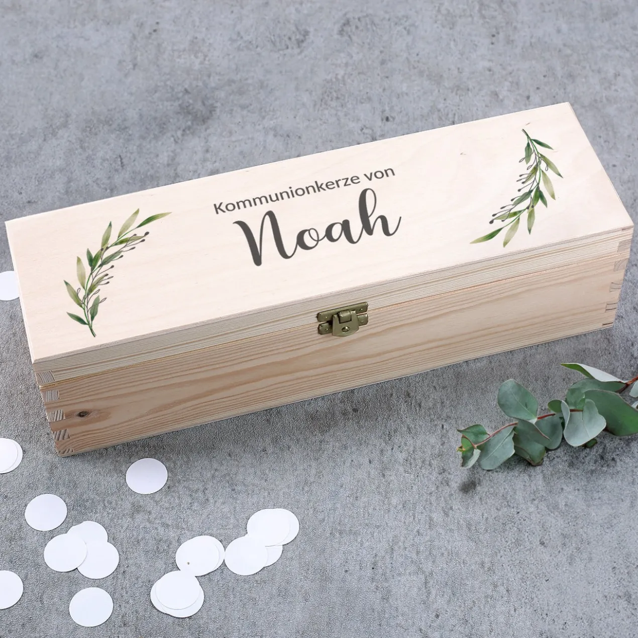 Geschenkbox für Kerzen - mit Zweigen, Wunschtext & Name bedruckt