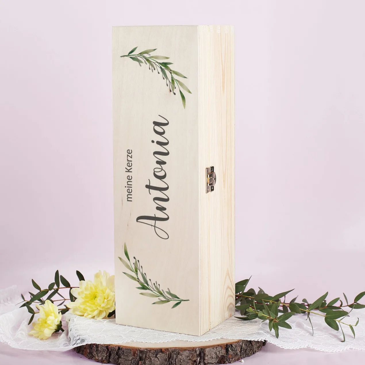 Geschenkbox für Kerzen - mit Zweigen, Wunschtext & Name bedruckt