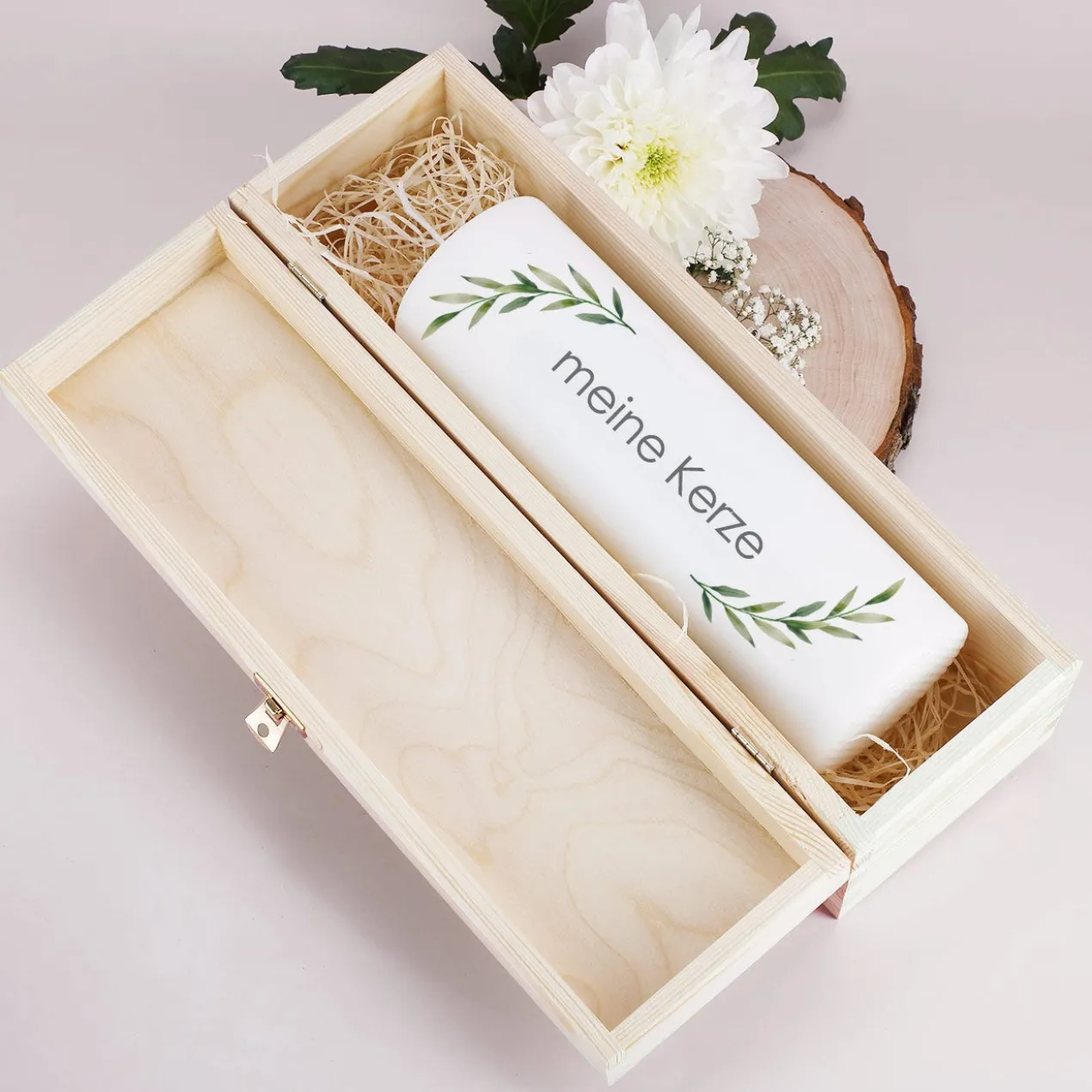 Geschenkbox für Kerzen - mit Zweigen, Wunschtext & Name bedruckt