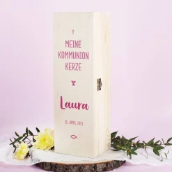 Geschenkbox für Kommunionkerzen - mit Name und Datum in drei Farben zur Auswahl