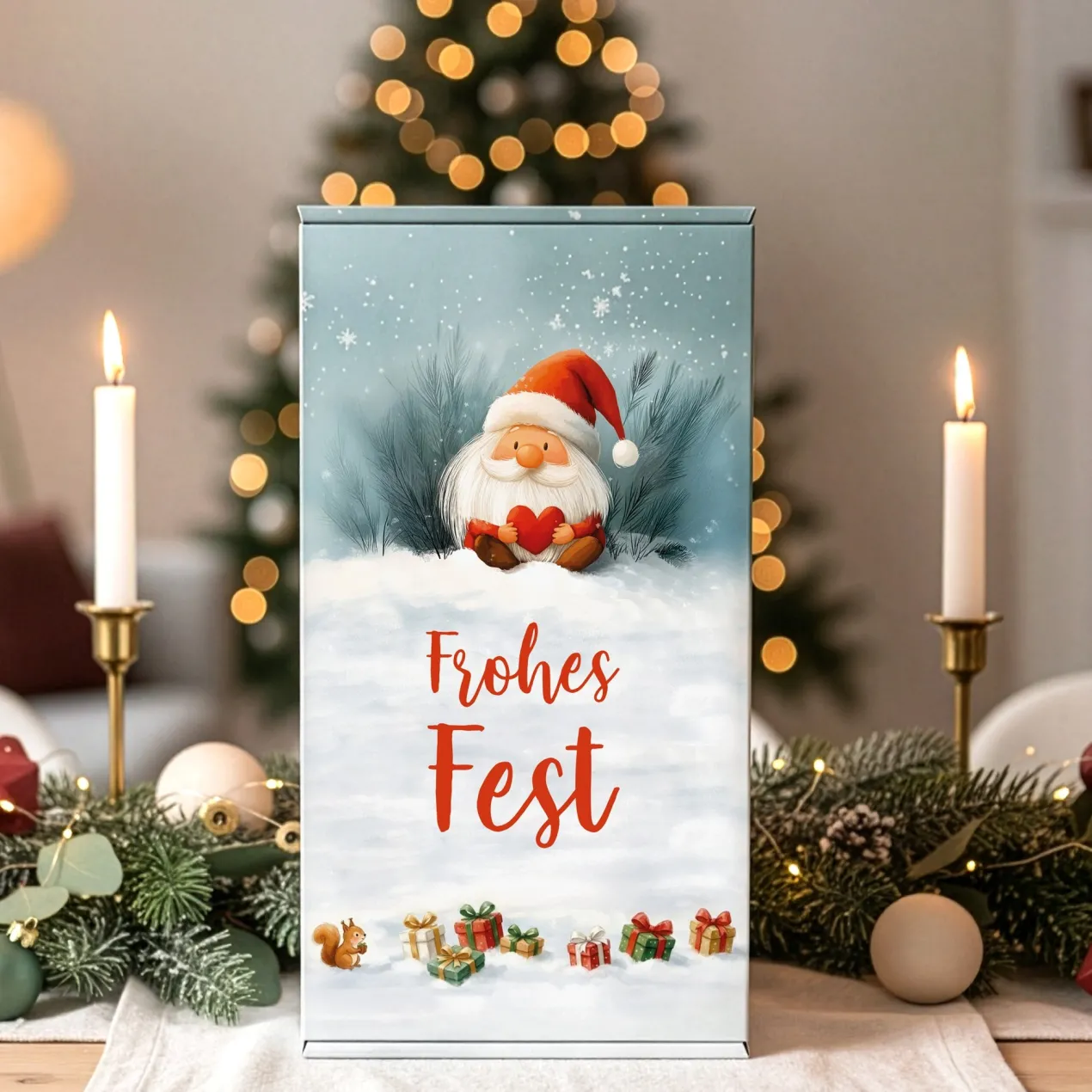 Geschenkbox 'Frohes Fest' mit Wichtelmotiv | Große Geschenkverpackung für Geschenksets zu Weihnachten