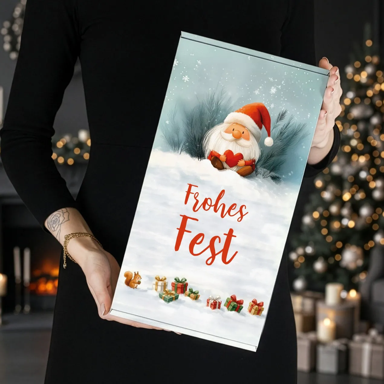 Geschenkbox 'Frohes Fest' mit Wichtelmotiv | Große Geschenkverpackung für Geschenksets zu Weihnachten