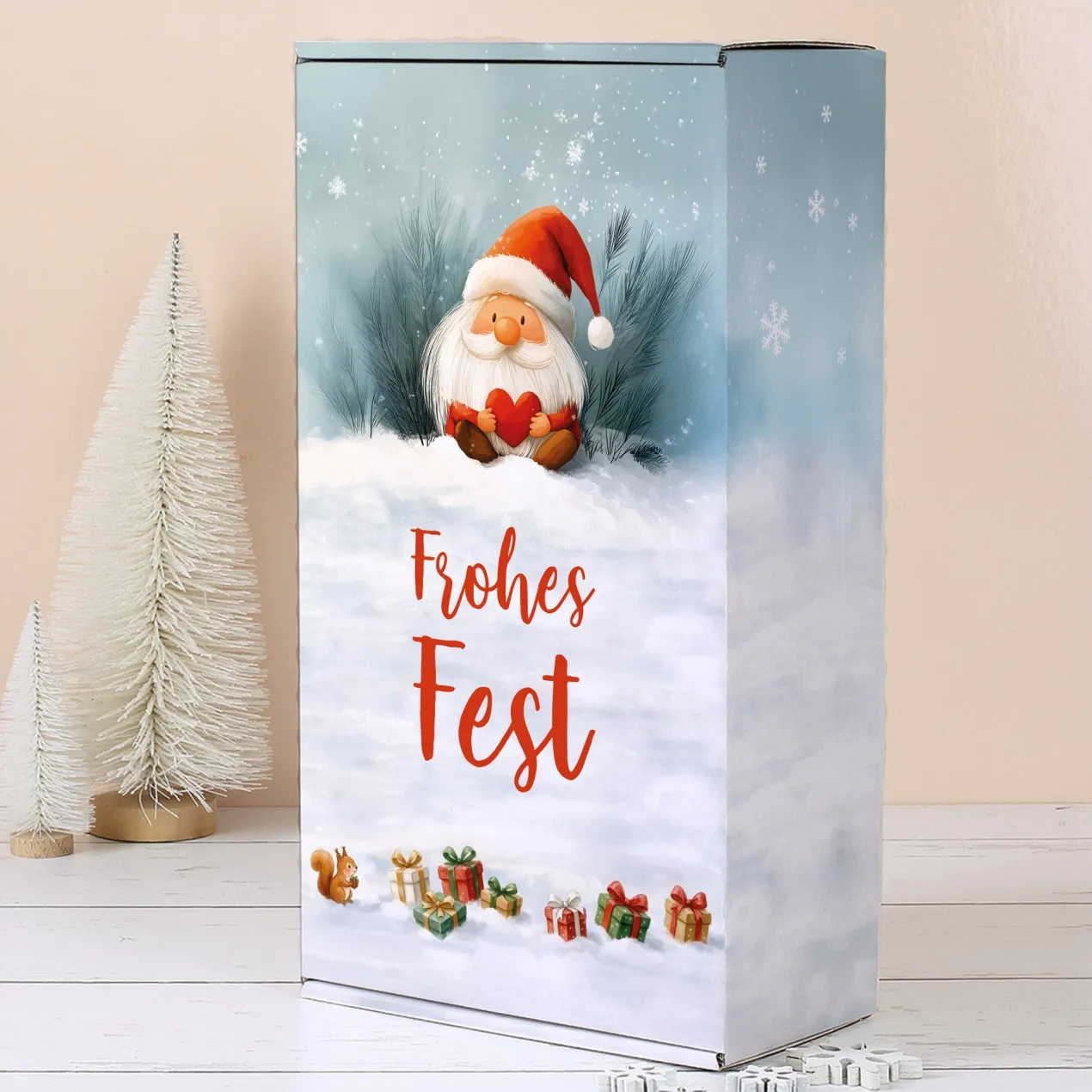 Geschenkbox 'Frohes Fest' mit Wichtelmotiv | Große Geschenkverpackung für Geschenksets zu Weihnachten