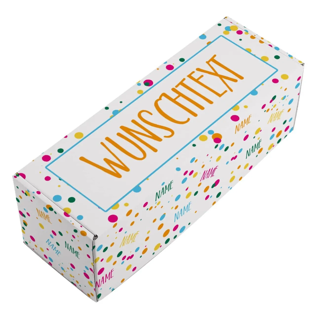 Geschenkbox mit Konfetti, Name und Wunschtext