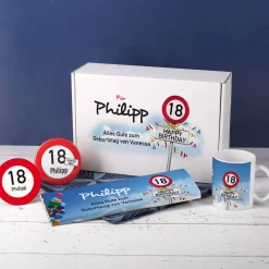 Geschenkbox zum 18. Geburtstag mit Verkehrszeichenmotiv