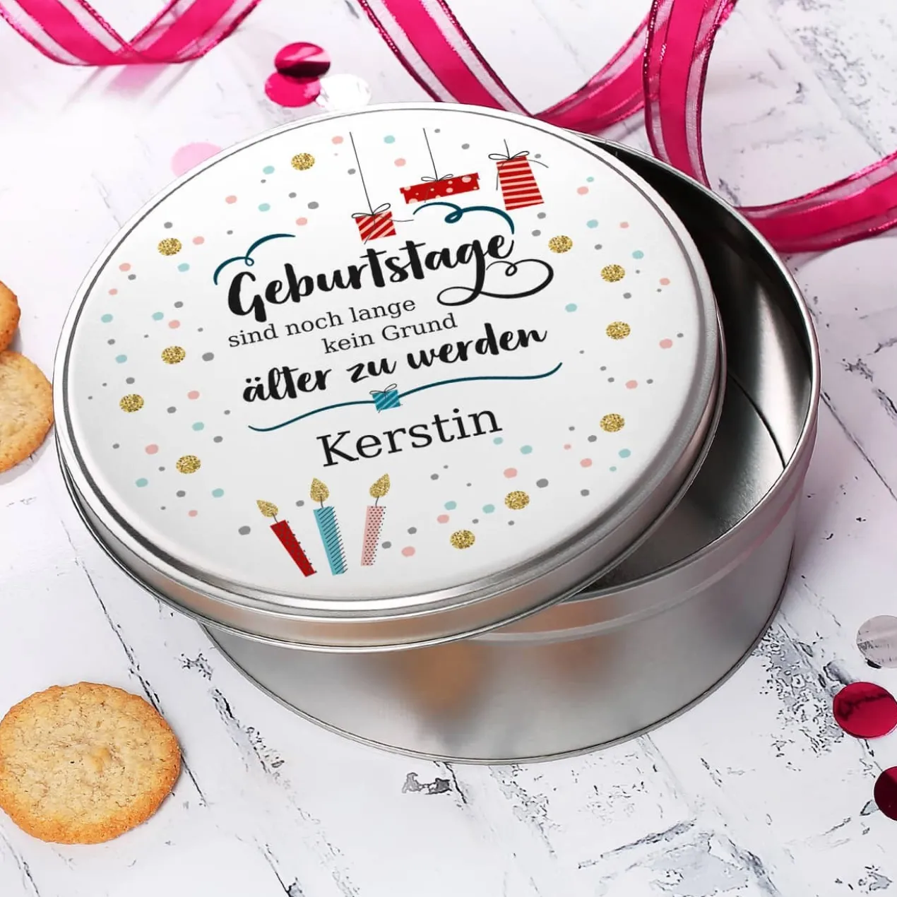 Geschenkdose mit Name - Geburtstage sind kein Grund älter zu werden