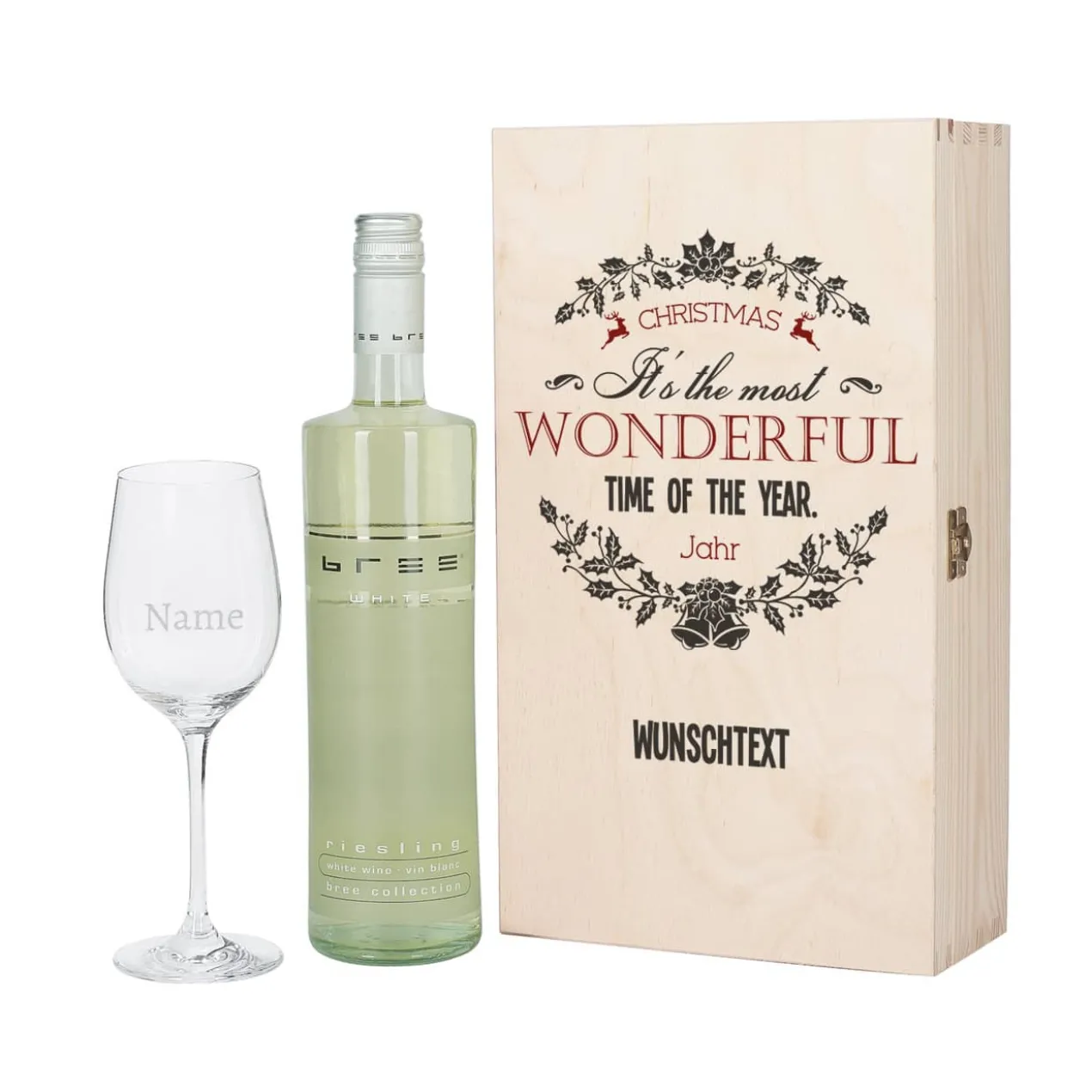 Geschenkholzbox zu Weihnachten mit Weinglas und Bree Weinflasche