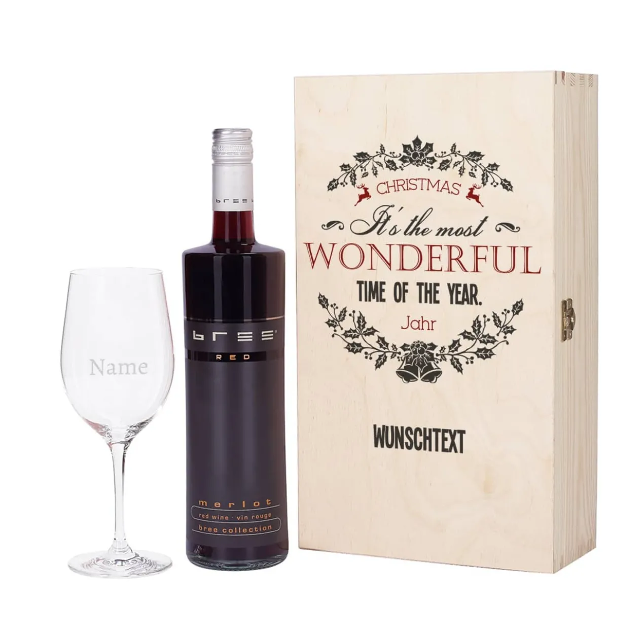 Geschenkholzbox zu Weihnachten mit Weinglas und Bree Weinflasche
