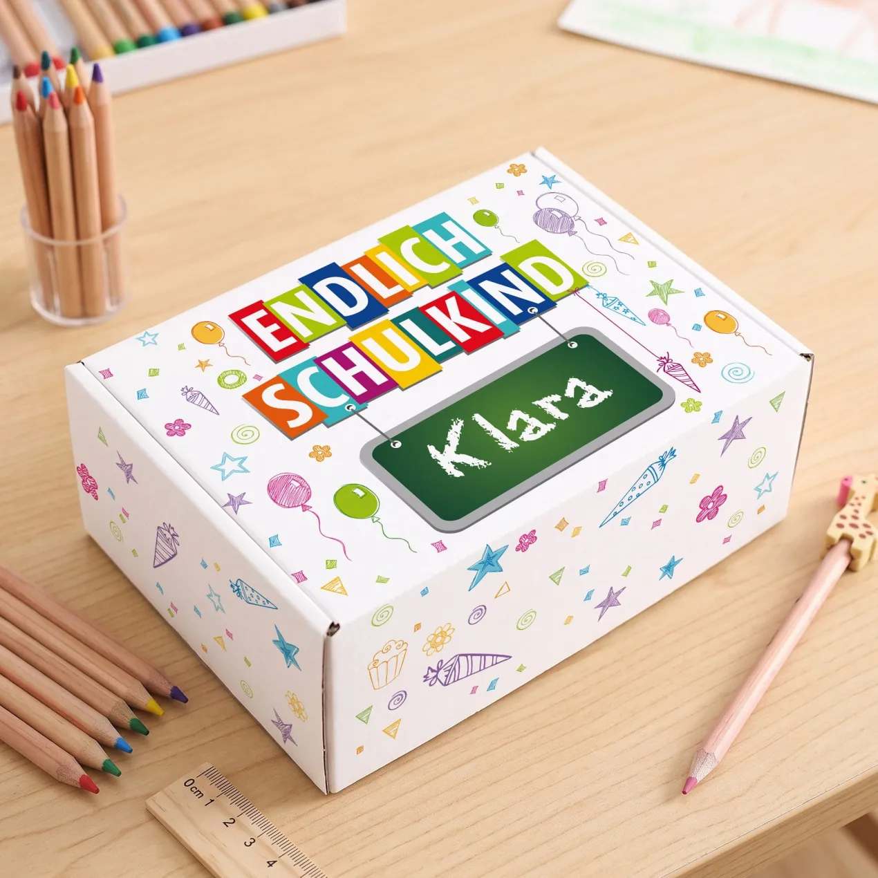 Geschenkkarton zur Einschulung personalisiert mit Name | Endlich Schulkind | 3 Größen