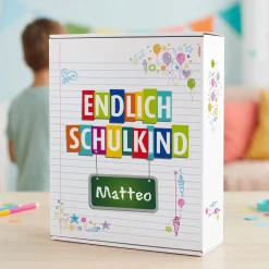 Geschenkkarton zur Einschulung personalisiert mit Name | Endlich Schulkind | 3 Größen
