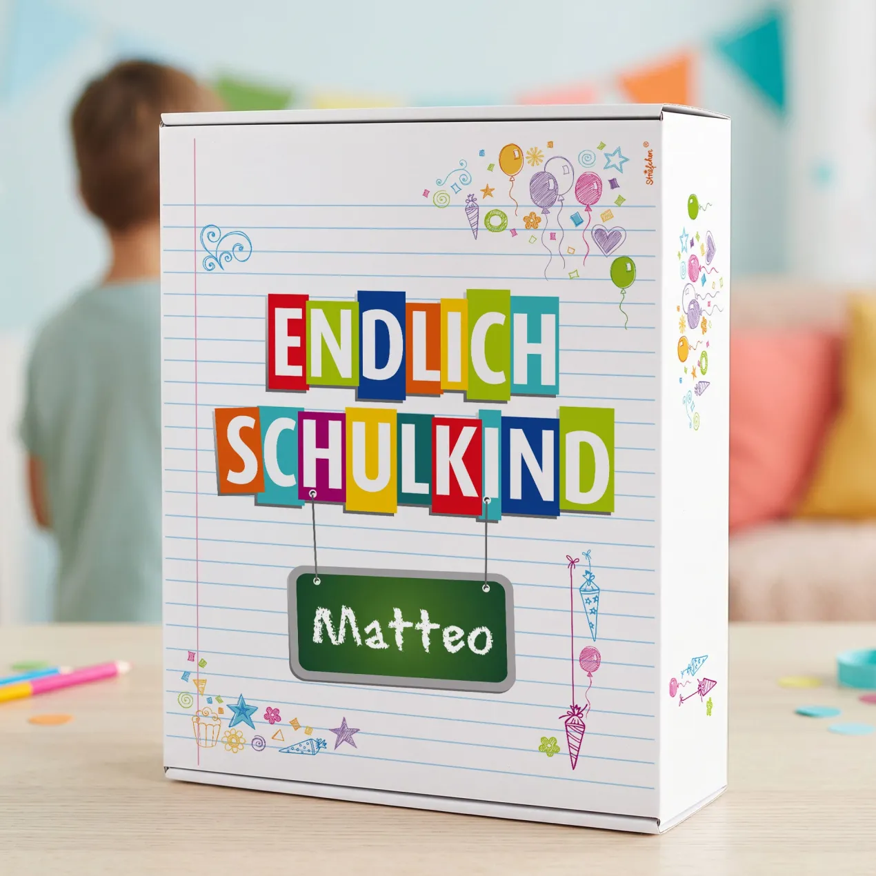 Geschenkkarton zur Einschulung personalisiert mit Name | Endlich Schulkind | 3 Größen