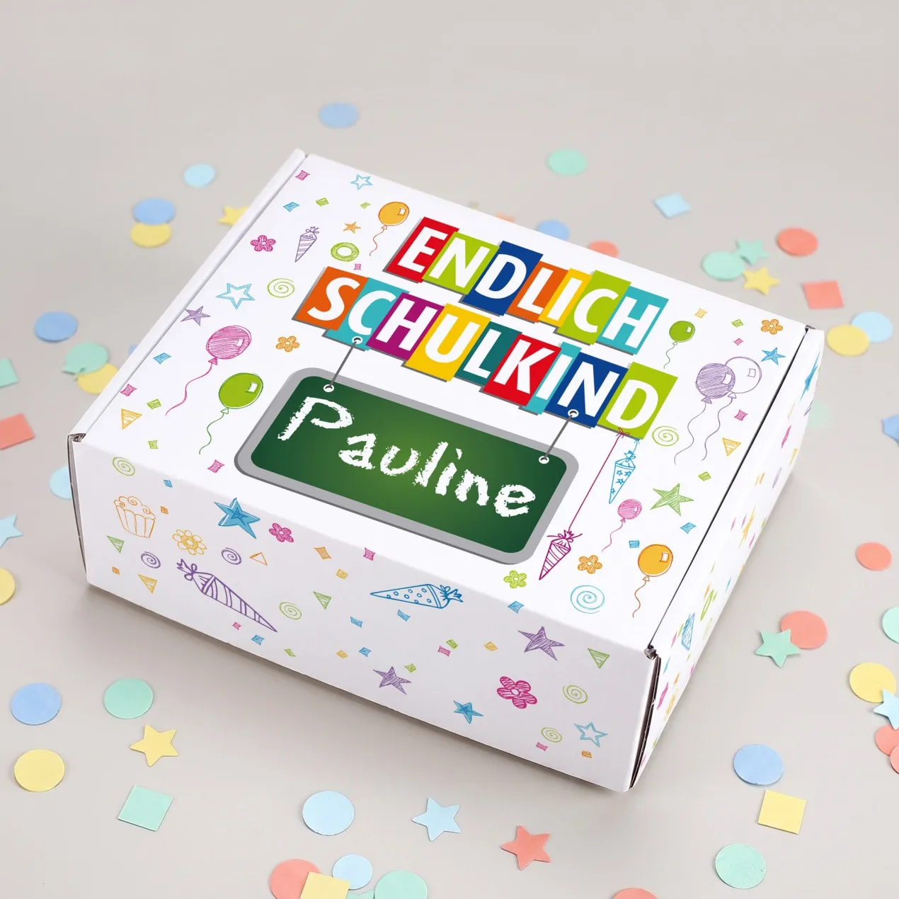 Geschenkkarton zur Einschulung personalisiert mit Name | Endlich Schulkind | 3 Größen