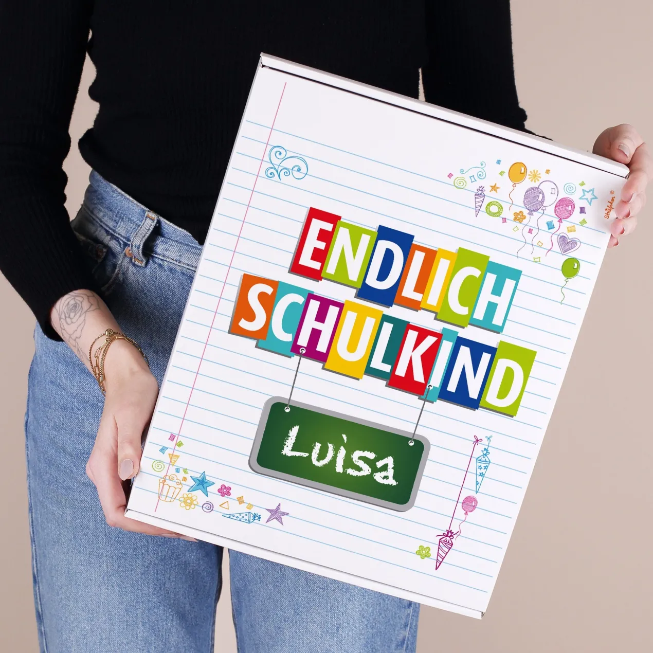 Geschenkkarton zur Einschulung personalisiert mit Name | Endlich Schulkind | 3 Größen