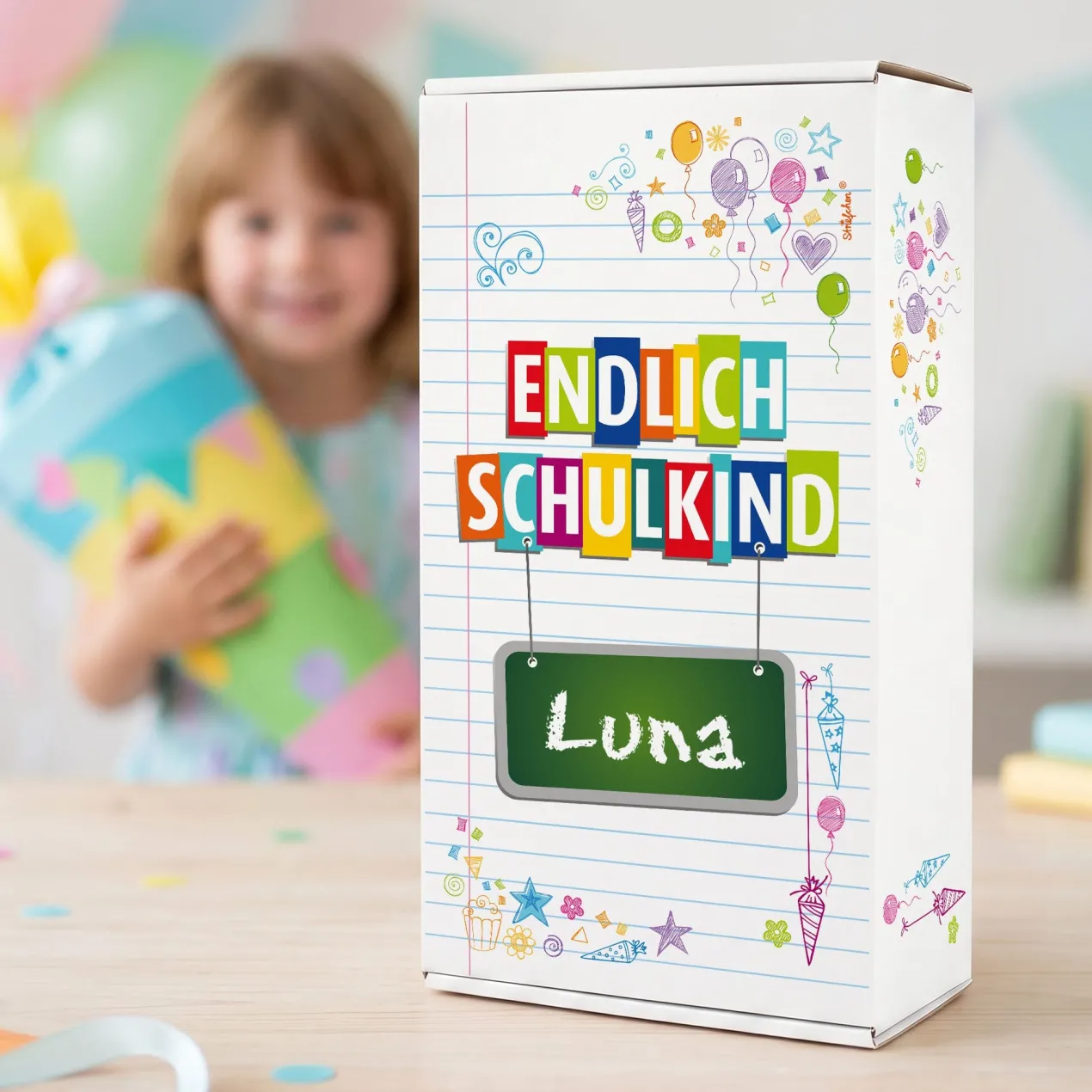 Geschenkkarton zur Einschulung personalisiert mit Name | Endlich Schulkind | 3 Größen
