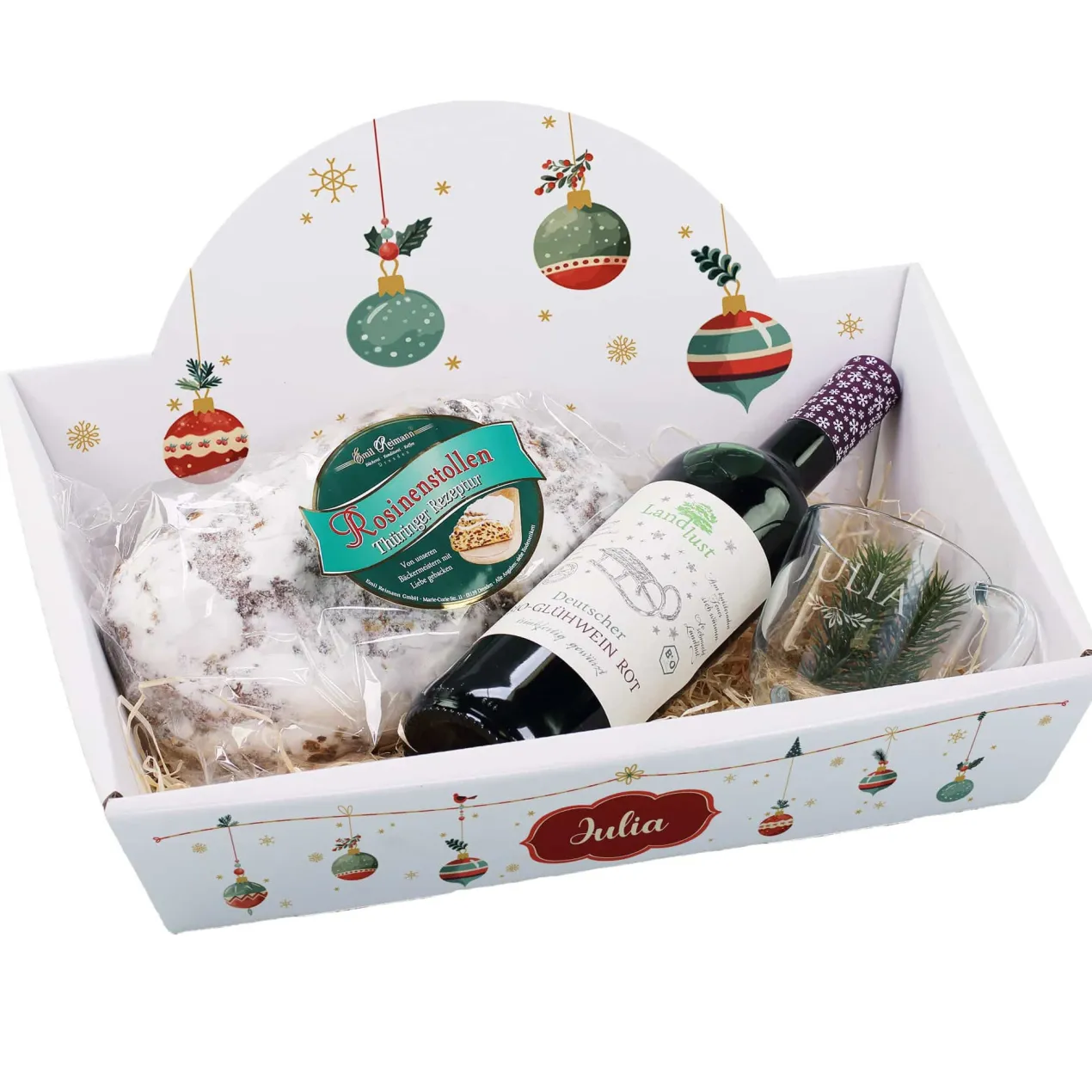 Geschenkkorb - Christbaumkugeln - mit Glühwein, Stollen und graviertem Glas