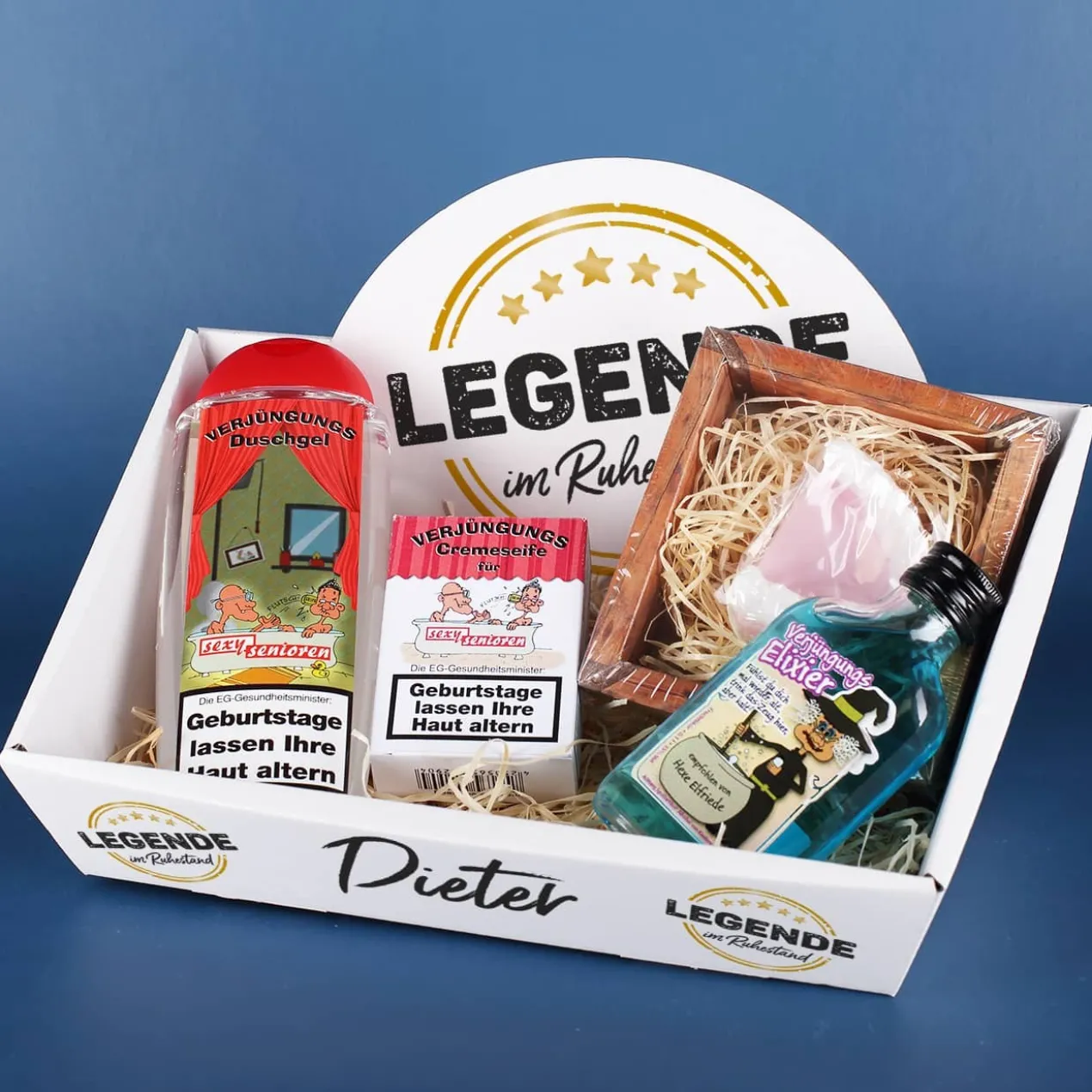 Geschenkkorb - Legende im Ruhestand - mit witziger Füllung