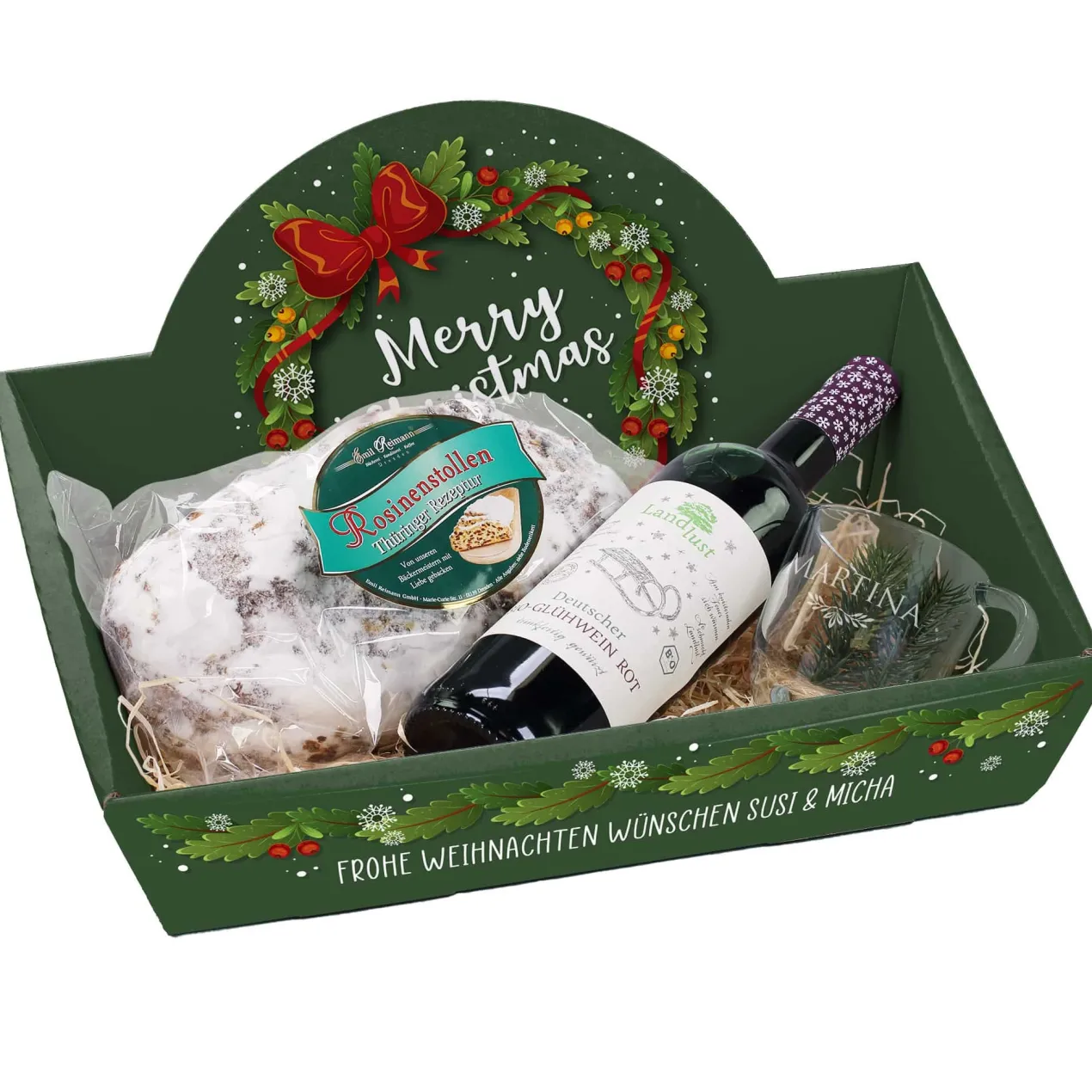 Geschenkkorb "Merry Christmas" mit Glühwein, Stollen und graviertem Glas