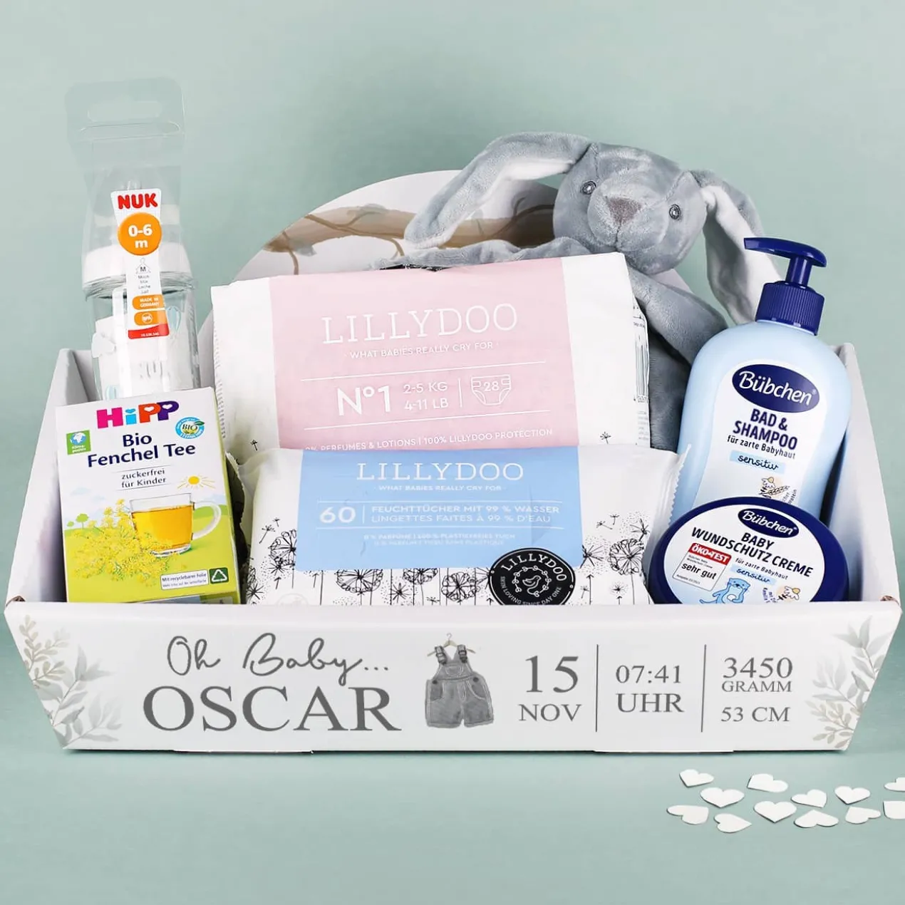 Geschenkkorb mit Aufdruck als Geschenk zur Geburt
