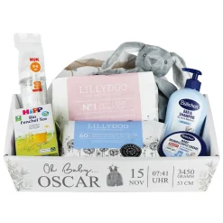 Geschenkkorb mit Aufdruck als Geschenk zur Geburt