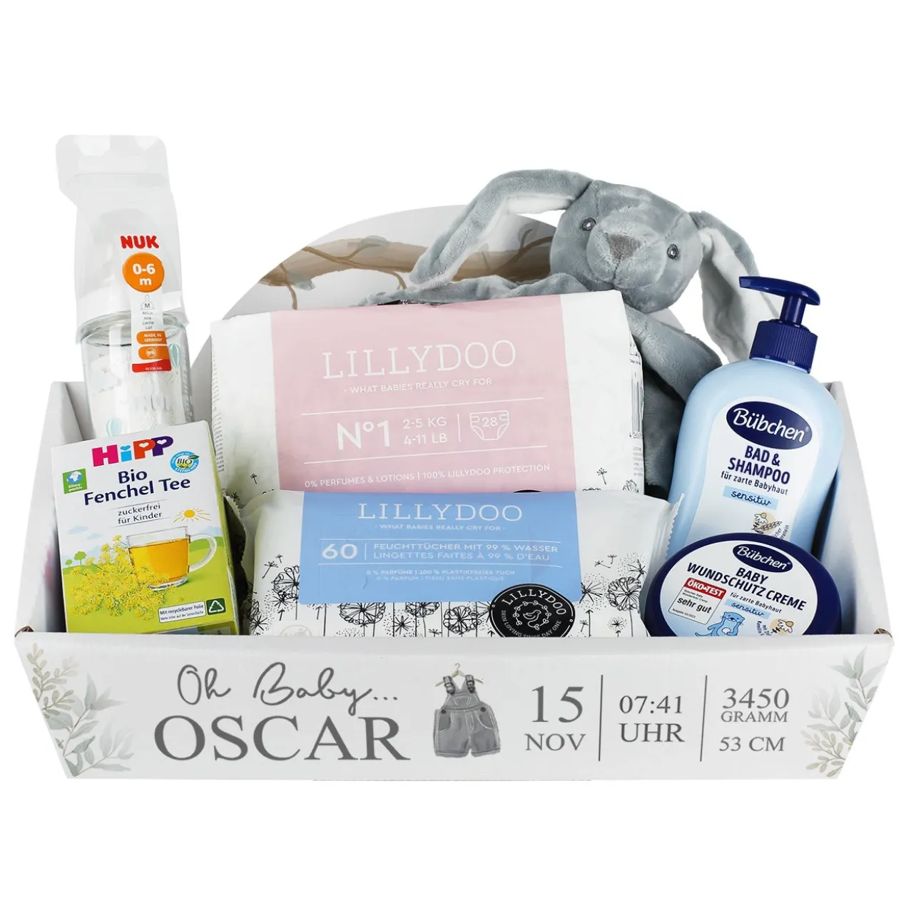 Geschenkkorb mit Aufdruck als Geschenk zur Geburt