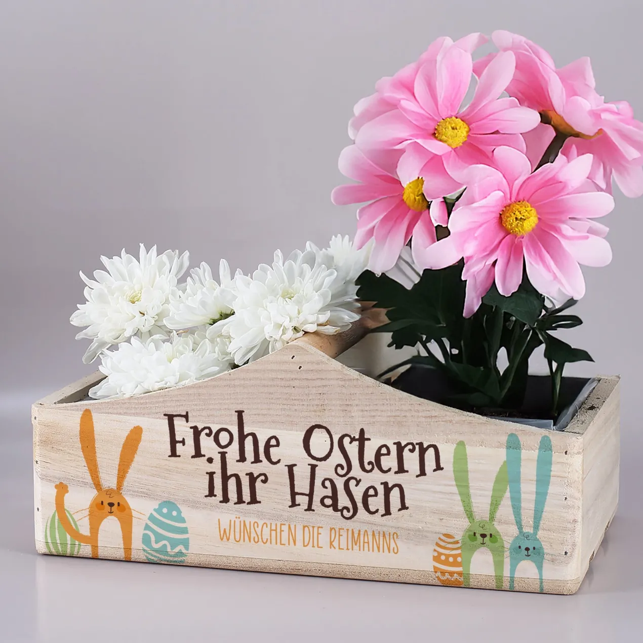 Geschenkkorb & Pflanzkorb 'Frohe Ostern ihr Hasen' personalisiert mit Wunschtext | 3 Varianten
