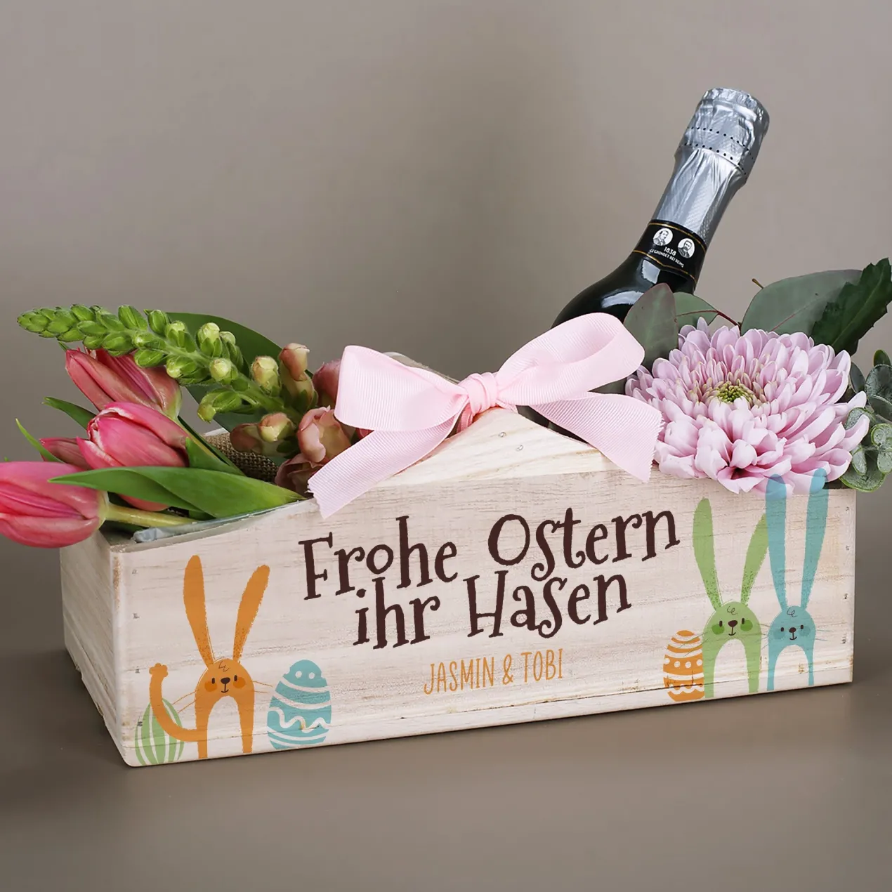 Geschenkkorb & Pflanzkorb 'Frohe Ostern ihr Hasen' personalisiert mit Wunschtext | 3 Varianten